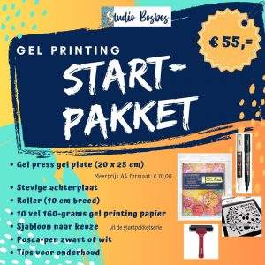 startpakket gel printing: gel plate met achterplaat, roller, sjabloon, papier, Posca pen en handleiding